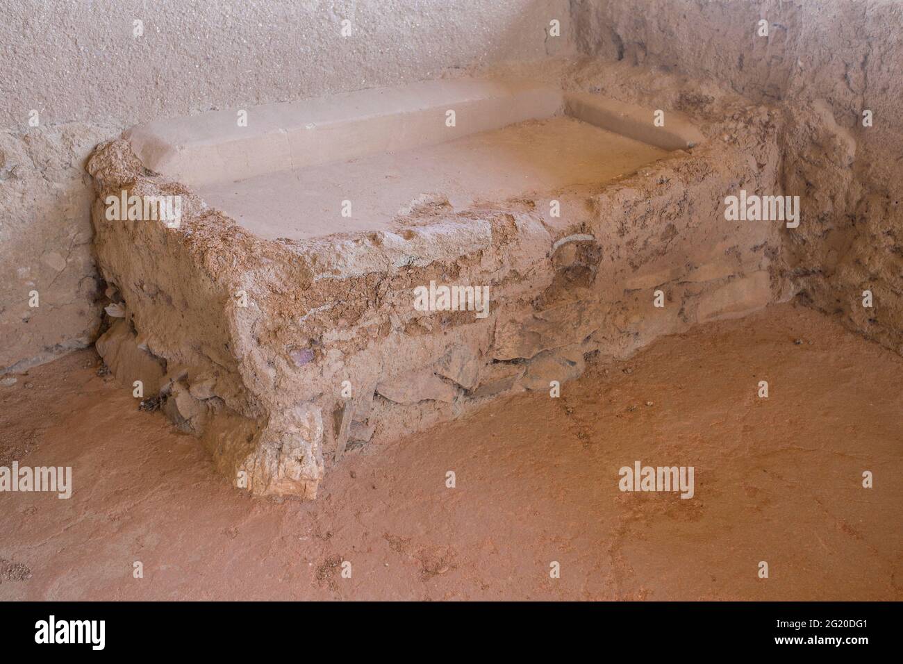 La Mata archaeological site. Impressive protohistoric building placed in Campanario, Extremadura, Spain. Attached table Stock Photo