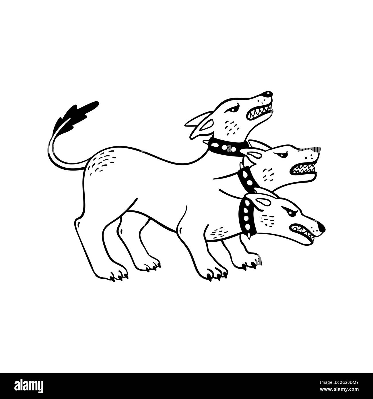 Magical creatures set. Mythological animal - cerberus. Doodle style black and white vector illustration isolated on white background. Tattoo design or Stock Vector