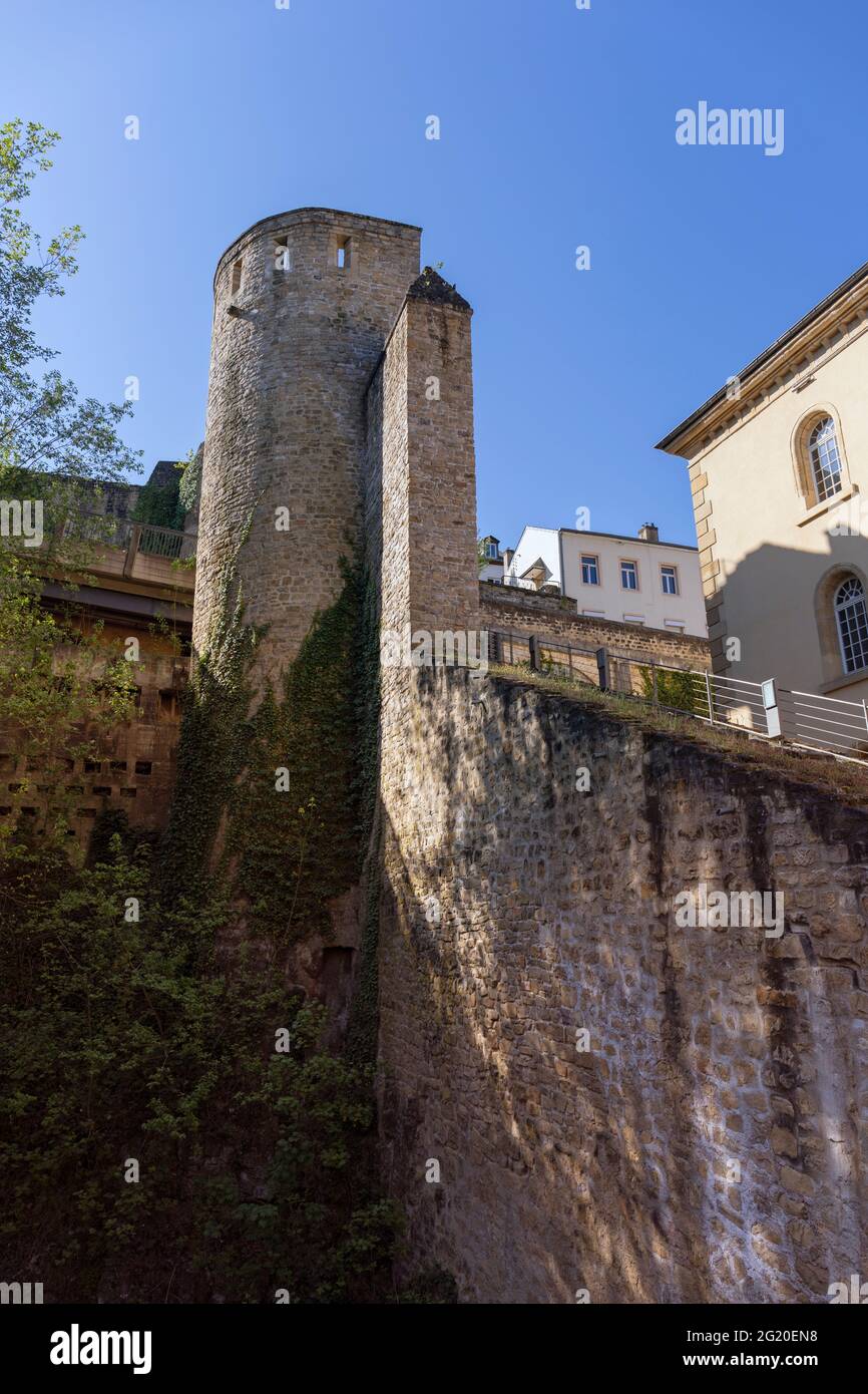Europe, Luxembourg, Luxembourg City, Steps up from Rue de Treves to Tour Jacob and ancient Tower on Rue de Rham Stock Photo