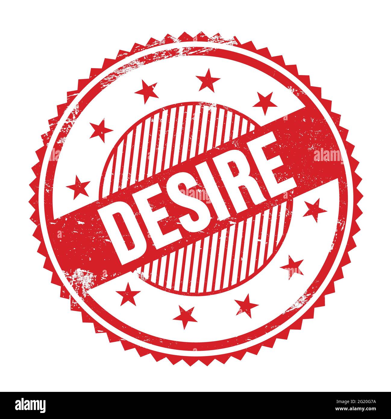 DESIRE text written on red grungy zig zag borders round stamp Stock