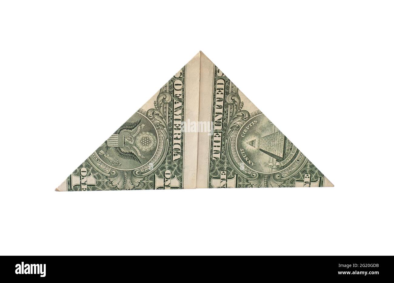 Dollar note folded into a pyramid and carried in wallet is a magnet for money. Folk prophecy to attract wealth, superstition. Stock Photo
