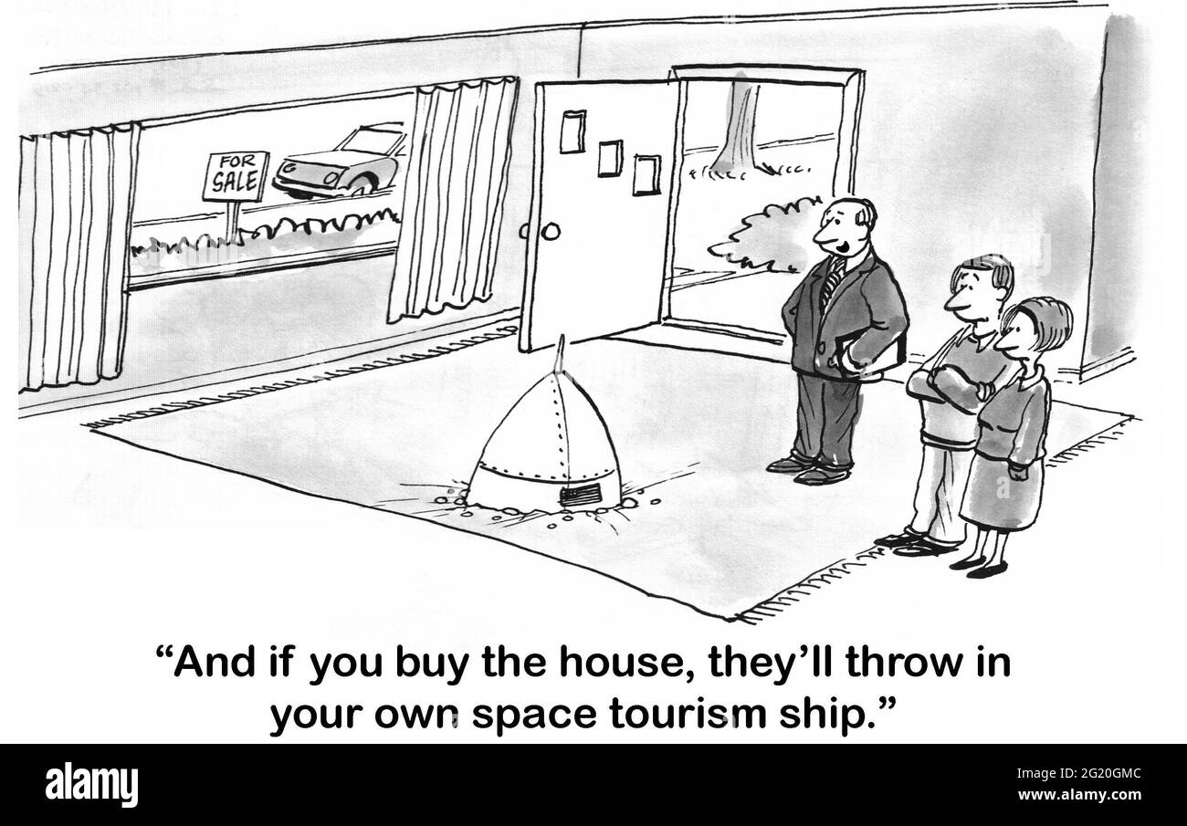 Real estate agent tries to entice buyers with spaceship. Stock Photo
