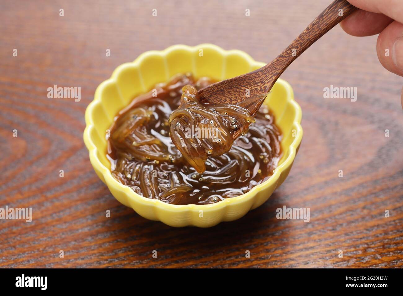 Freshly small fish pickled in soy sauce in a fishing boat. Japanese