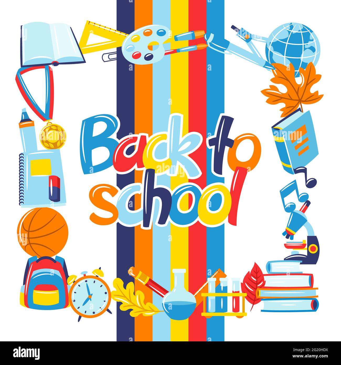 School background with education items. Illustration of supplies and stationery. Stock Vector