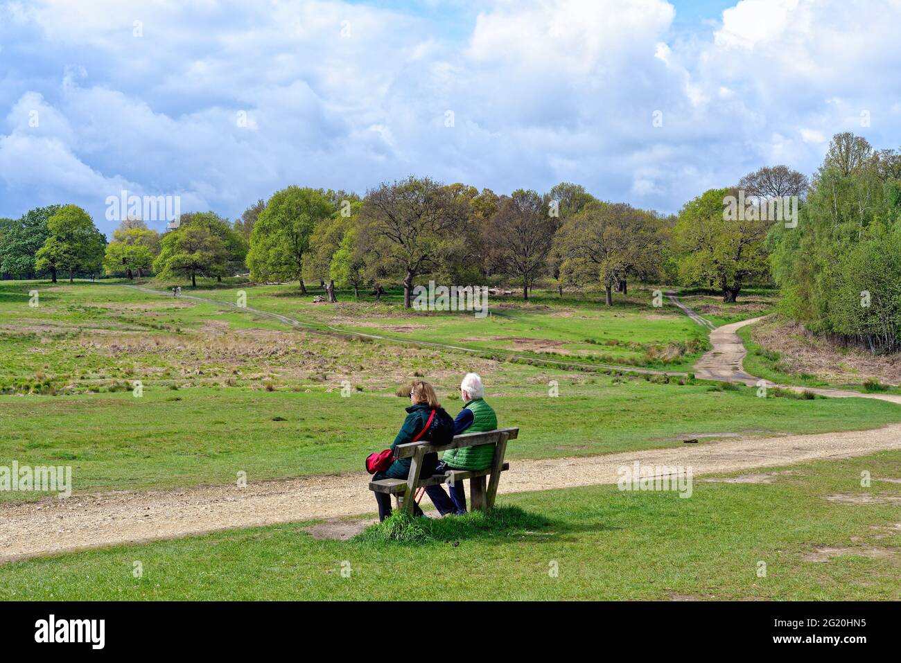 Elderly couple sitting on bench admiring the view on a spring day in Richmond Park London England UK Stock Photo