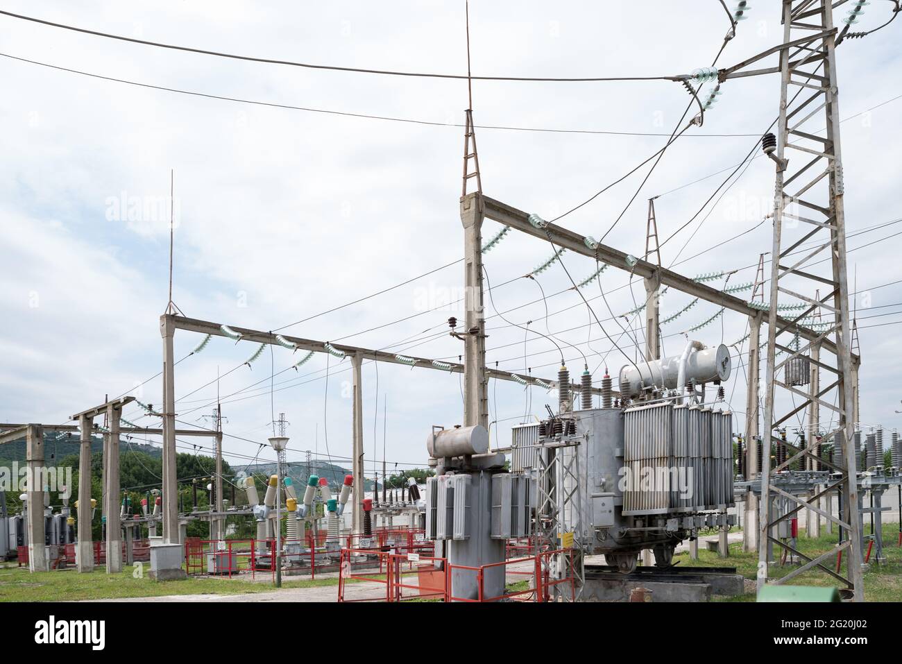 Substation. Transform voltage from high to low. Stock Photo
