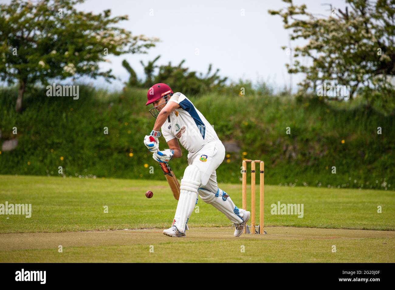Farmers Cross, Cork, Ireland. 07th June, 2021. In their first match in a year and a half Harlequins 3 played Cork County 3 in a friendly warm up match before the season starts at Harlequin Park, Farmers Cross Cork. Picture shows Ritesh Sah defending his wicket. - Credit; David Creedon / Alamy Live News Stock Photo