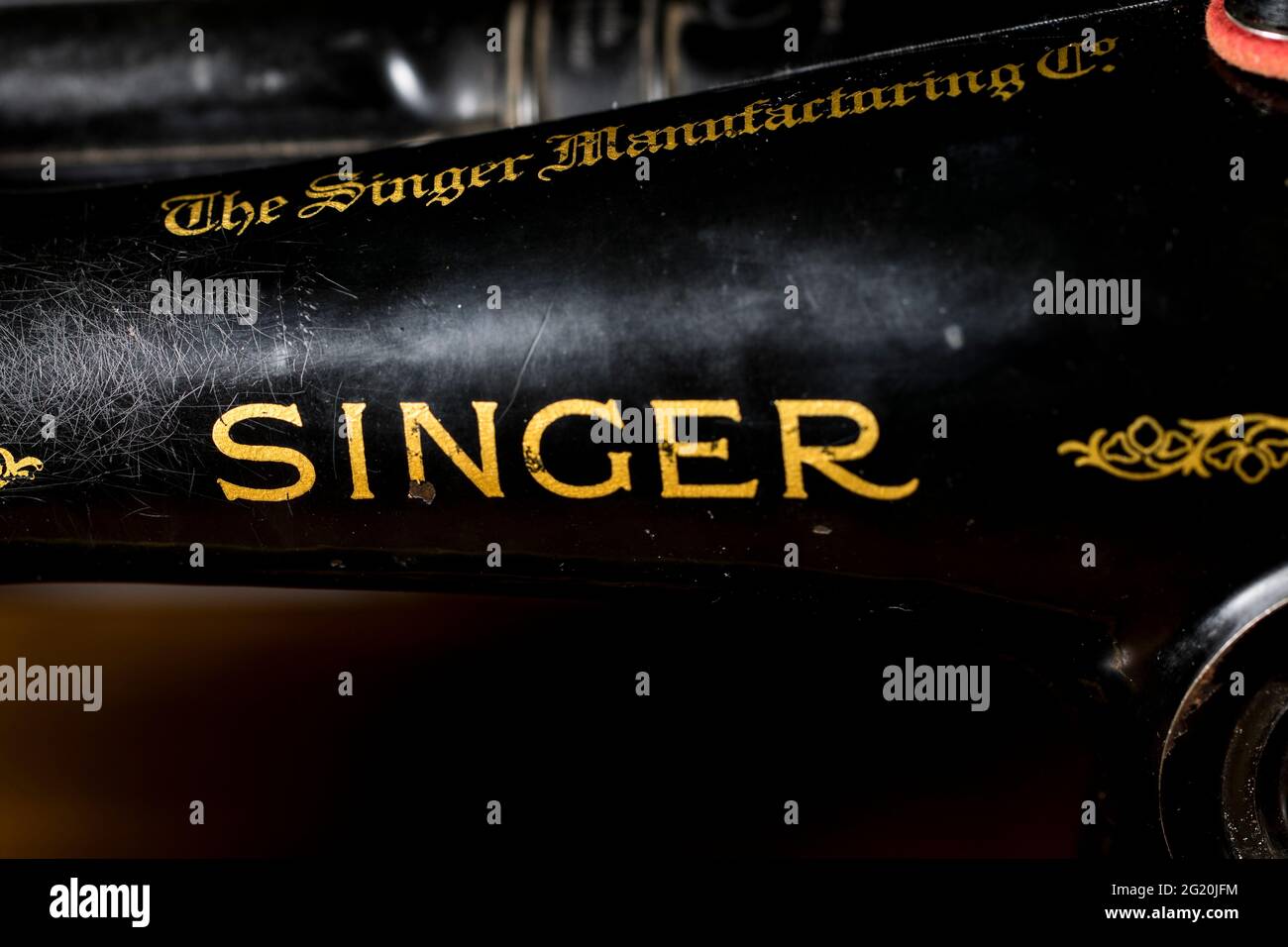 Singer sewing machine logo close up vintage sewing machine Stock Photo