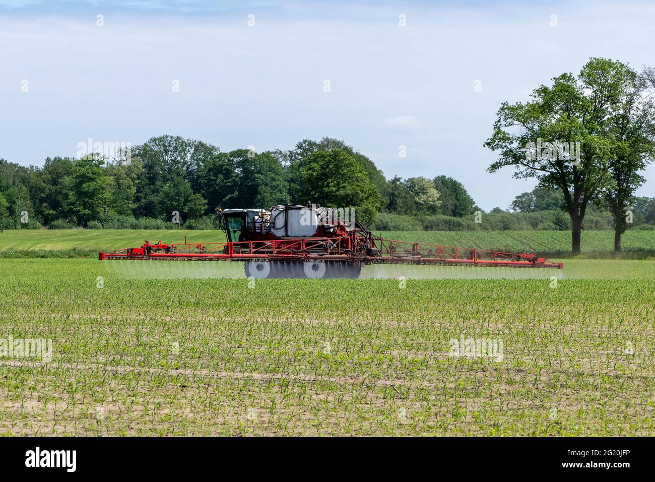 Agricultural sprayer treated just emerging corn Stock Photo