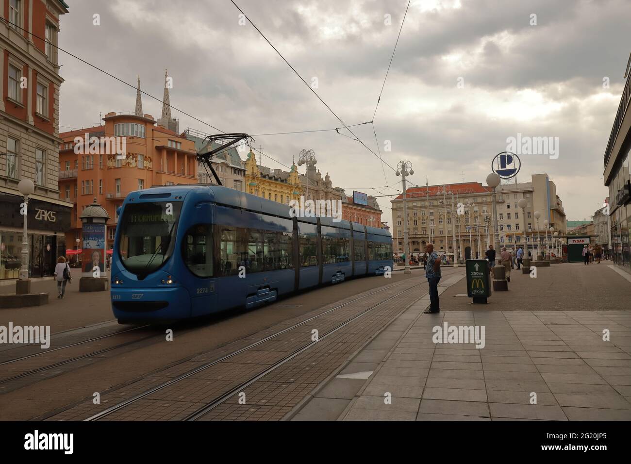 CROATIA, ZAGREB, BAN JELACIC SQUARE - JULY 28, 2019: Tram on Ban Jelacic Square in Zagreb Stock Photo