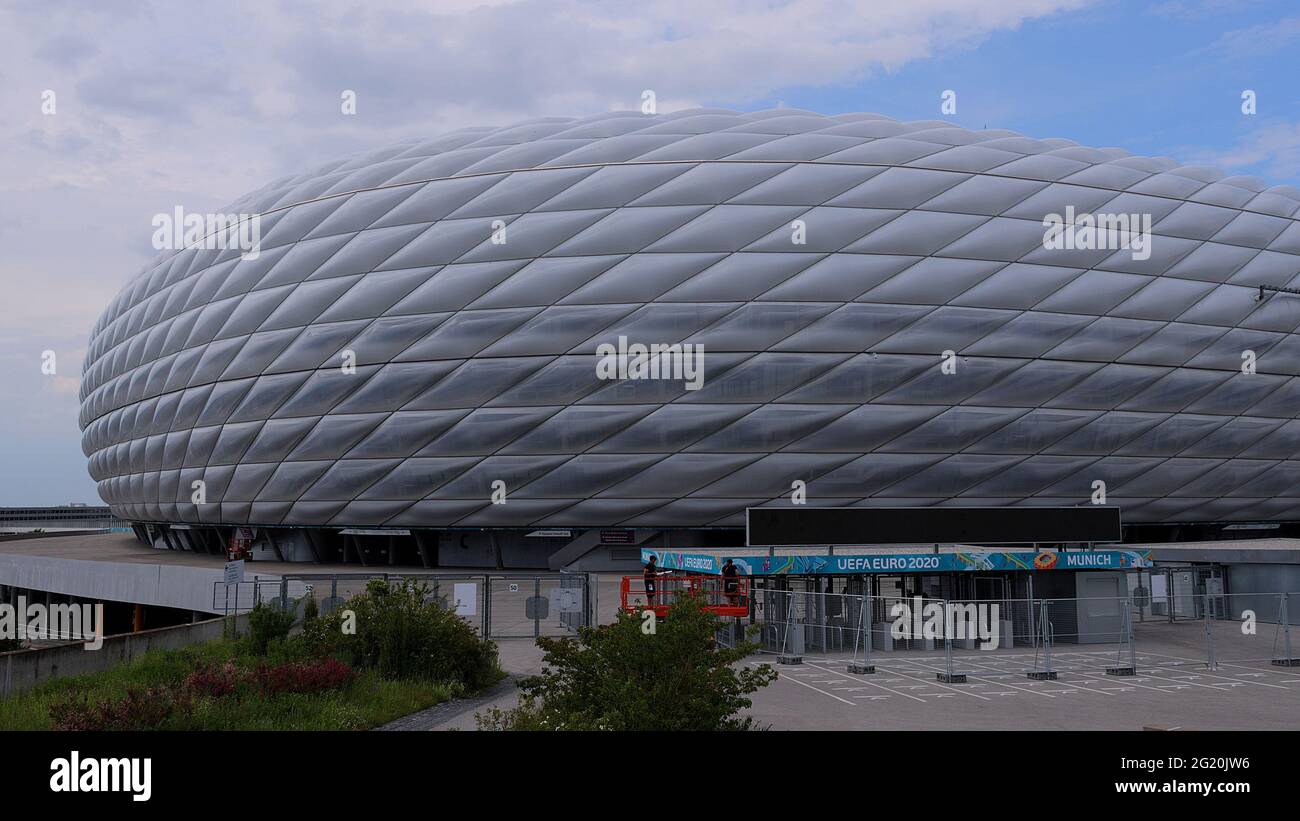 Famous Allianz Arena stadium in Munich - Home of famous soccer club FC Bayern Muenchen - MUNICH, GERMANY - JUNE 03, 2021 Stock Photo