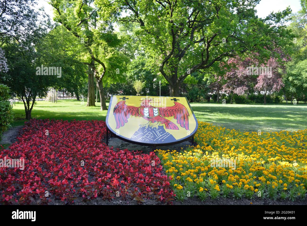 Vienna, Austria. State coat of arms of Burgenland in the city hall park in vienna Stock Photo