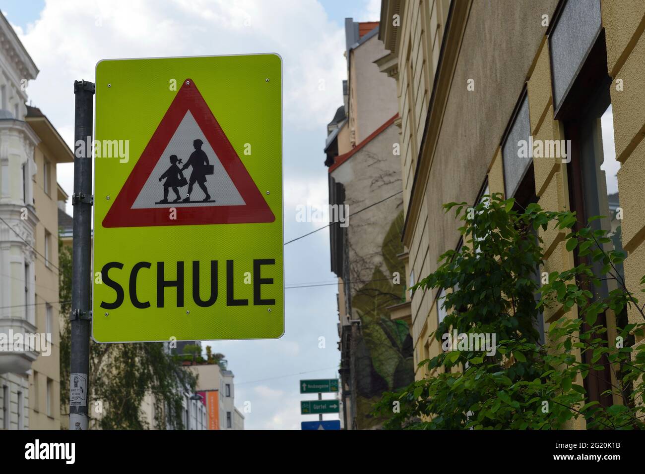 Vienna, Austria. Warning sign ensure safety on the way to school Stock Photo