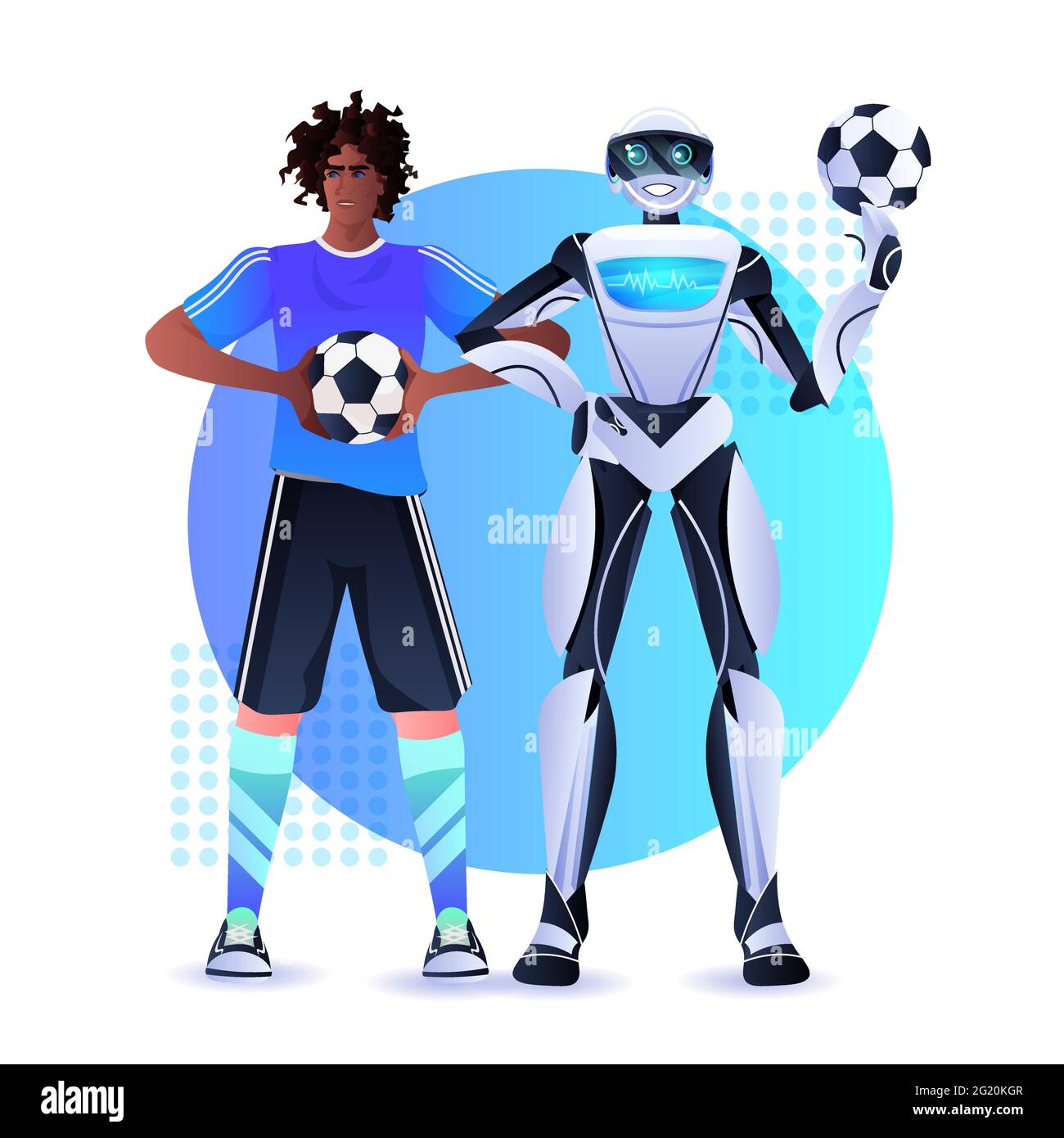 african american man and robot soccer players holding balls artificial intelligence technology concept Stock Vector