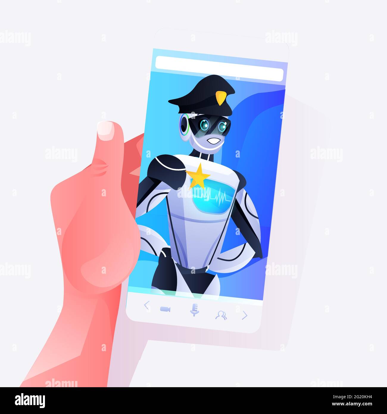 human hand using smartphone with police robot on screen patrol cop in uniform artificial intelligence technology Stock Vector