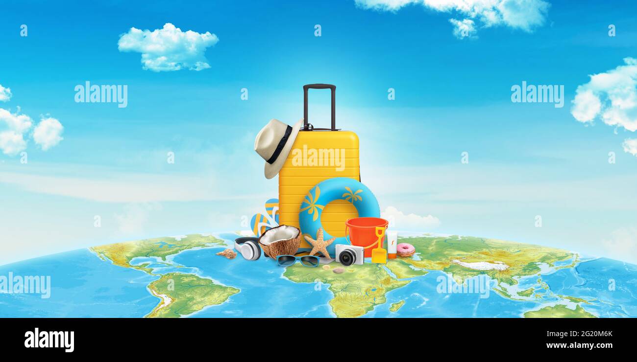 Travel time concept composition with bag and travel items on world map Stock Photo