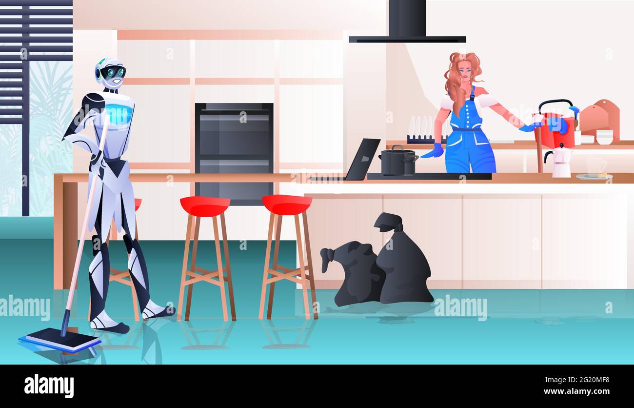 robotic janitor with woman cleaner robot vs human working together