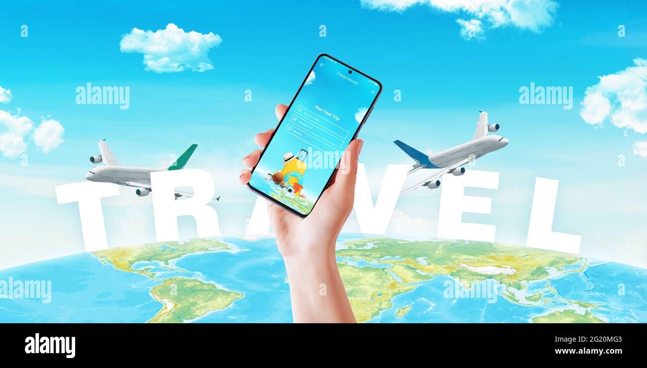 Hand with smart phone and trip plan app front of travel text on world map and planes Stock Photo