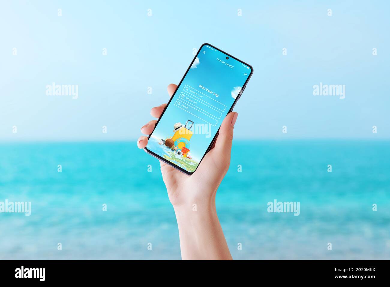 Travel app on smart phone display in woman hand concept. Summer vacation plan concept. Sea in background Stock Photo