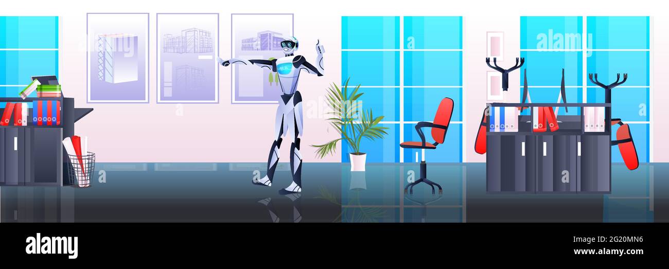 robot architect robotic engineer working with new building city model urban panning project concept Stock Vector