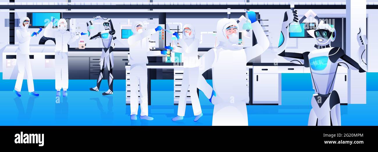robots with scientists in protective suit making experiments in lab genetic engineering artificial intelligence concept Stock Vector