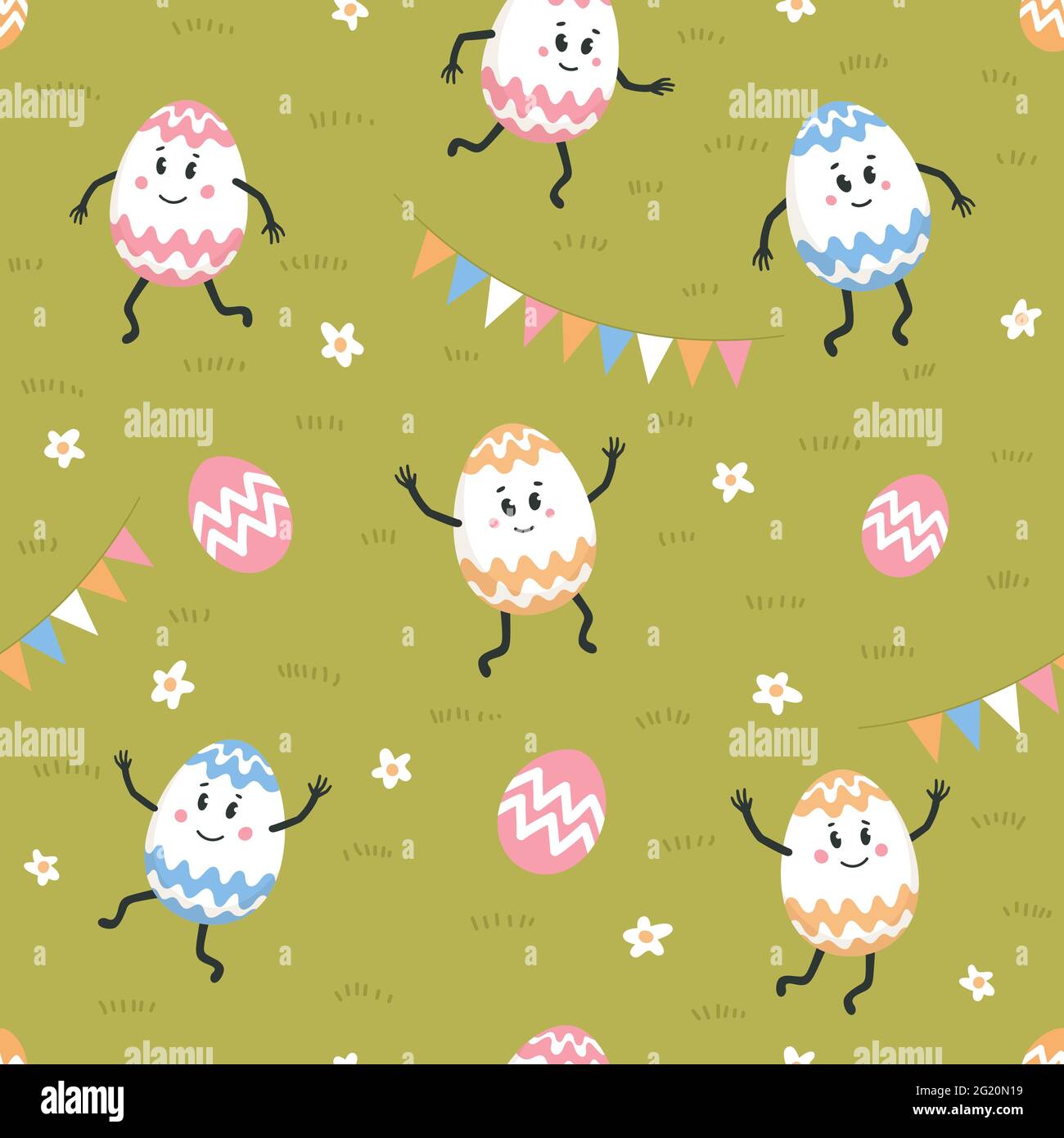 Easter seamless pattern. Colored eggs with cute faces dancing on a green lawn. Easter eggs friends with funny faces. Egg hunt. Flat style vector illus Stock Vector