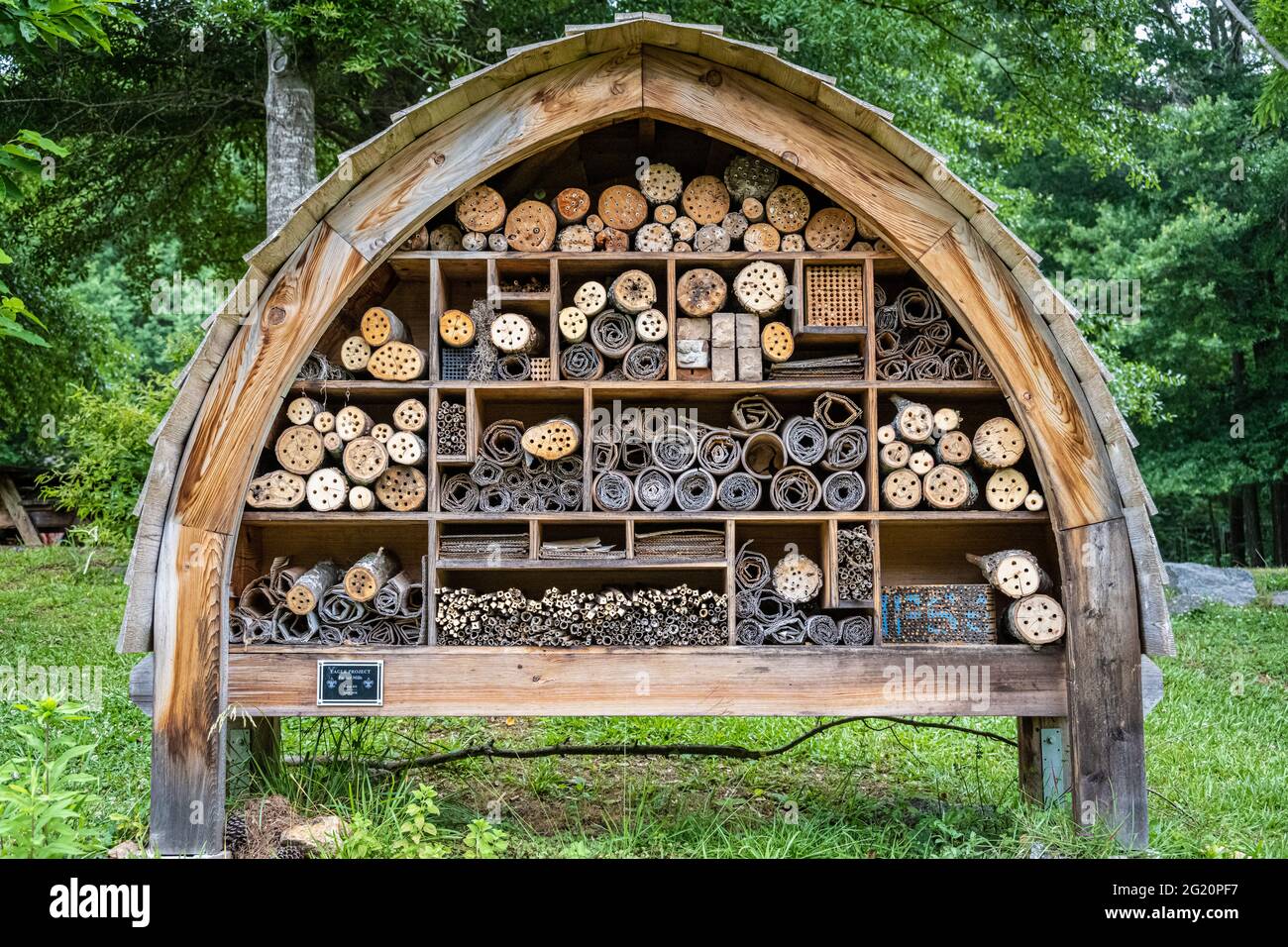 Chattahoochee Nature Center's bee hotel was constructed as an Eagle Scout Service Project by Parker Mills for Georgia native solitary (non-hive) bees. Stock Photo