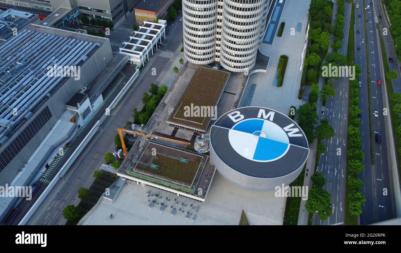 BMW Headquarter in Munich - aerial view - MUNICH, GERMANY - JUNE 03, 2021 Stock Photo