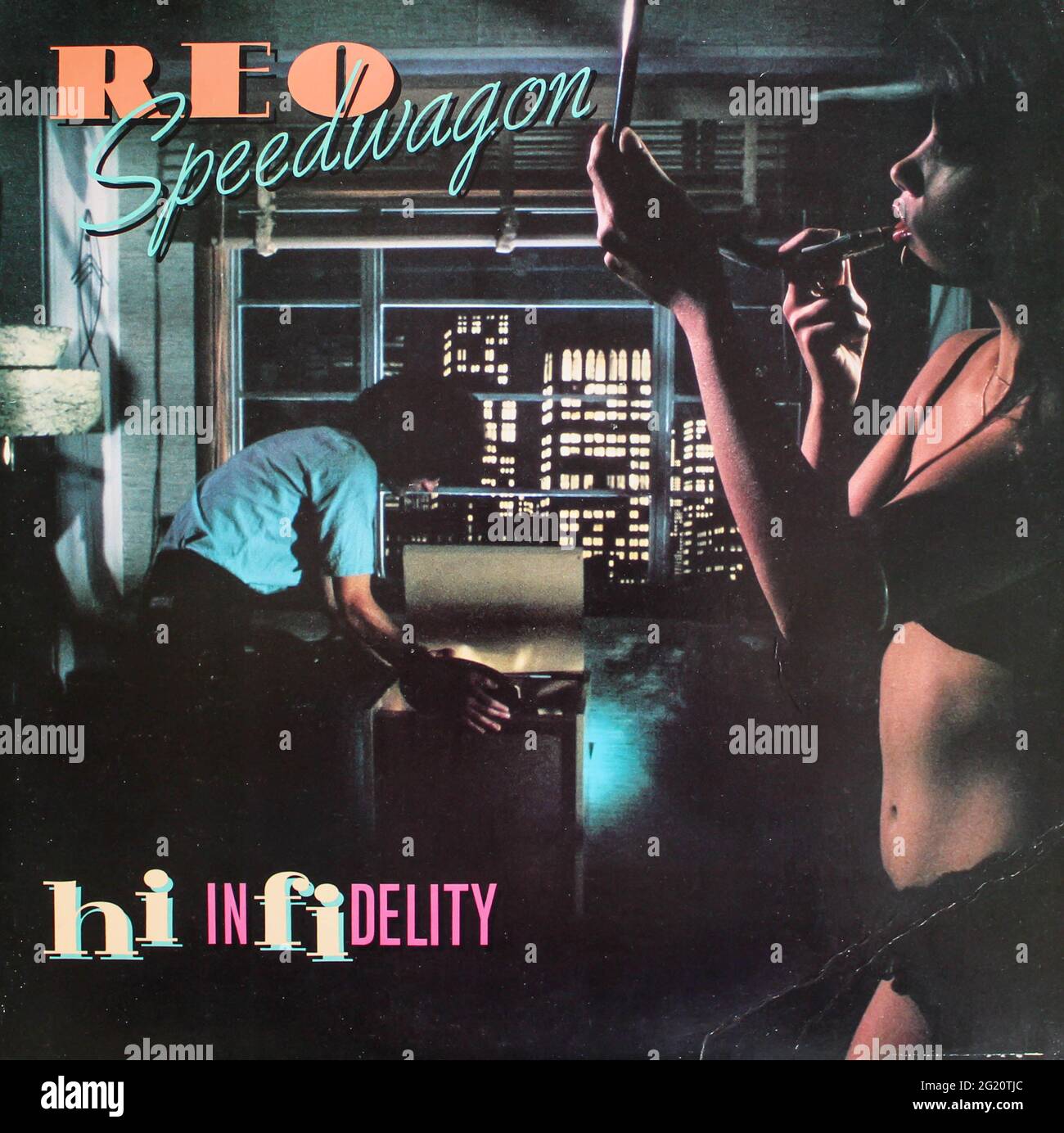 Rock and pop rock band, REO Speedwagon music album on vinyl record LP disc. Titled: Hi Infidelity album cover Stock Photo