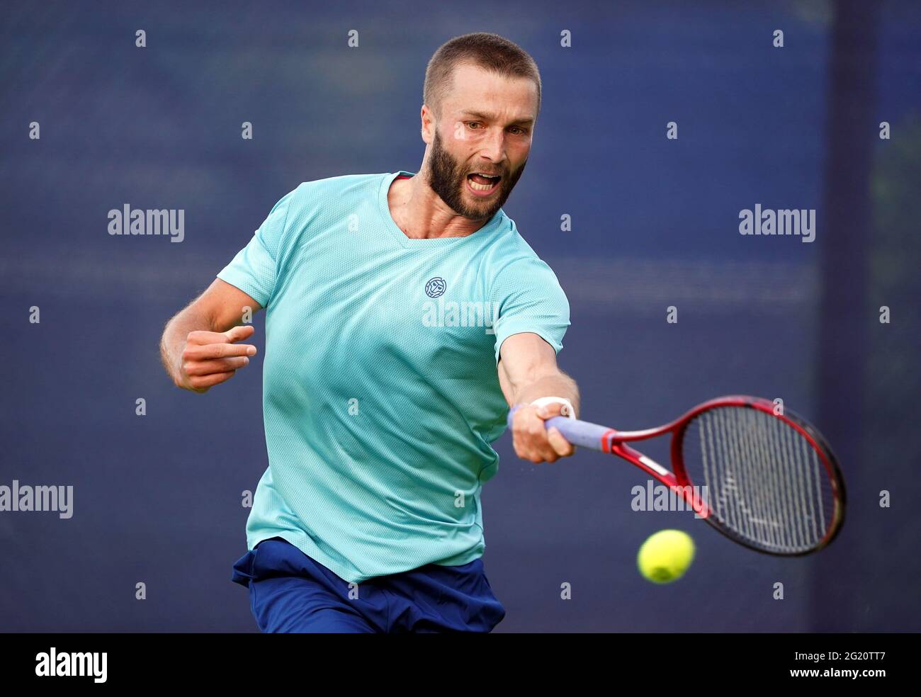 Liam Broady in action during his ATP Challenger First Round match against  Alex Bolt on day three of the Viking Open at Nottingham Tennis Centre.  Picture date: Monday June 7, 2021 Stock