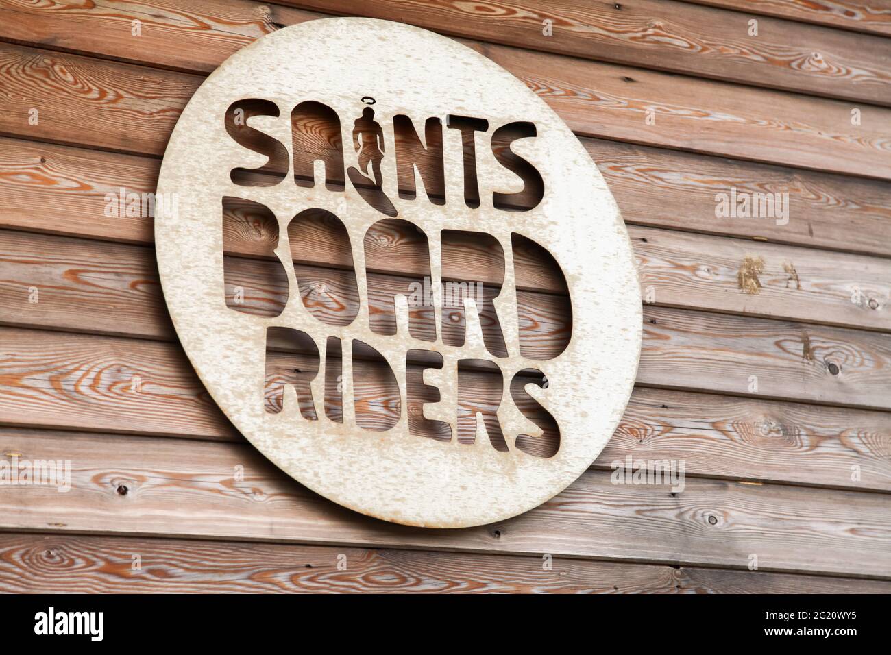 Saints Board Riders sign, Porthmeor beach, St. Ives, Cornwall, UK, May 2021 Stock Photo