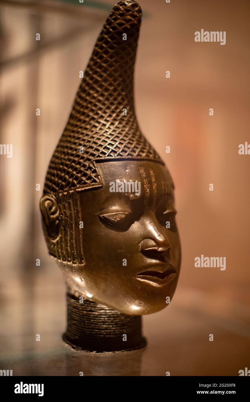 Benin brass head, The British Museum, London Uk Stock Photo