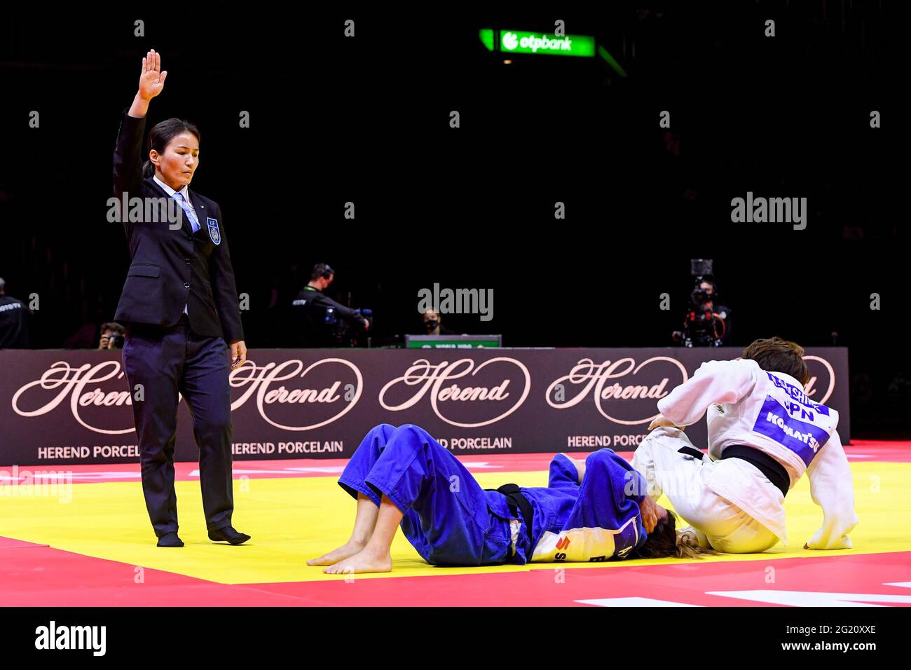 BUDAPEST, HUNGARY - JUNE 7: Referee Enkhtsetseg Turbat of Mongolia, Ana Box  Perez of Spain, Ai Shishime of Japan during the World Judo Championships  Hungary 2021 at Papp Laszlo Budapest Sports Arena