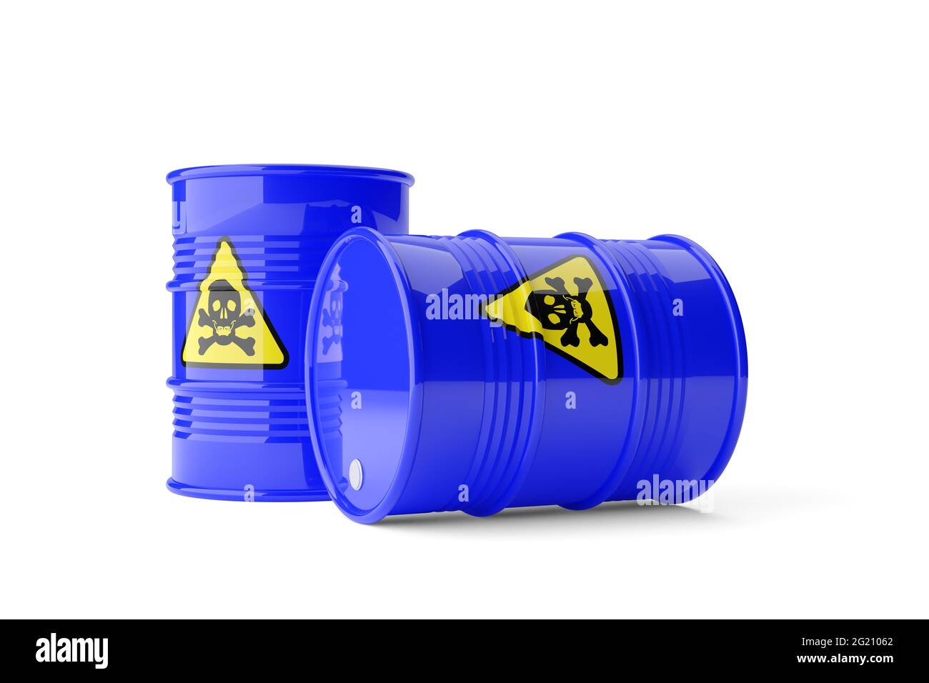 Two blue metal barrels with yellow hazardous or toxic skull and bones sign on white background, toxic pollution, industrial chemical waste or pollutio Stock Photo