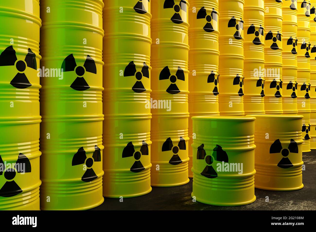 Stack of yellow radioactive waste barrels in disposal zone or final