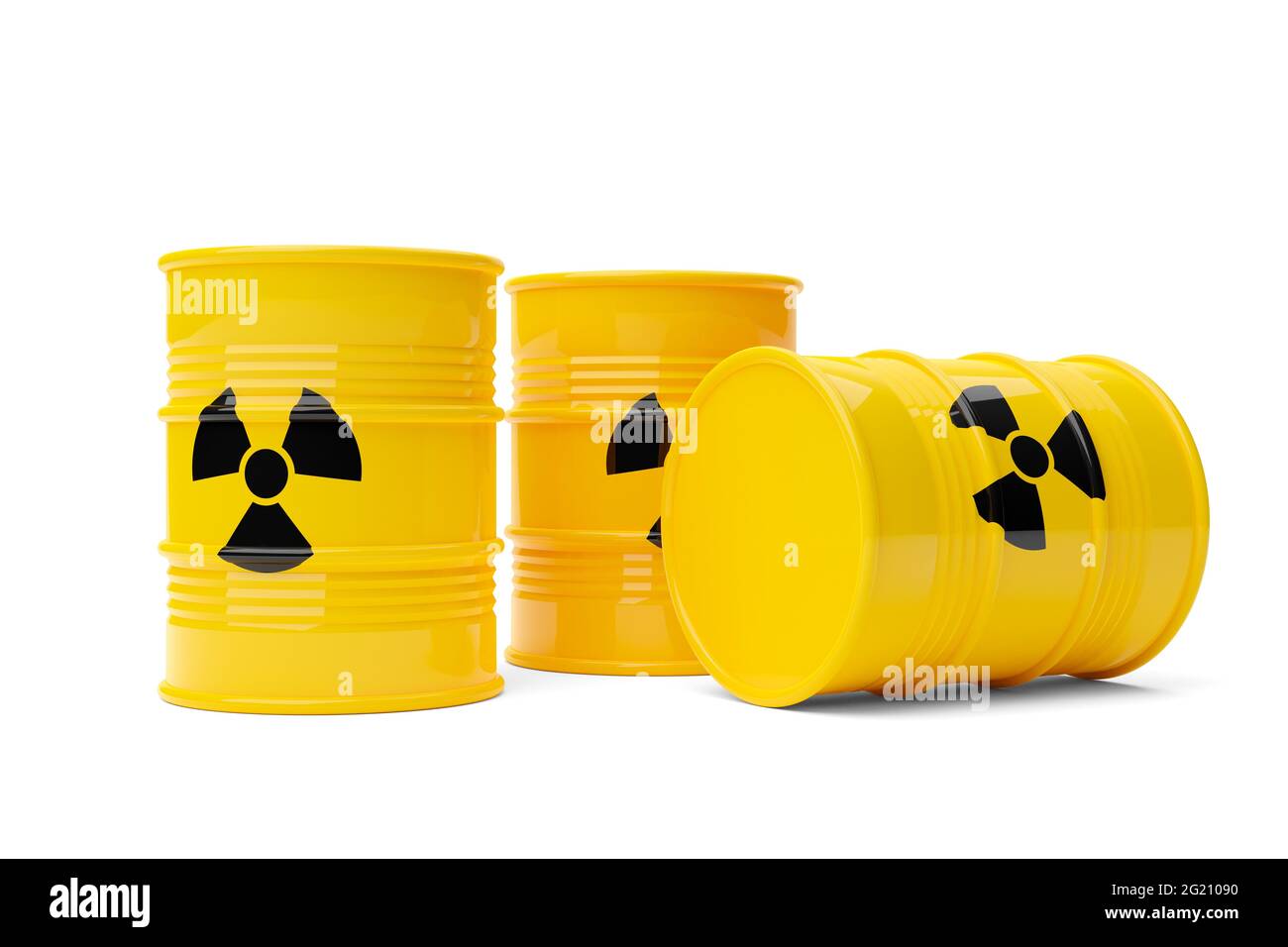Three yellow radioactive waste drum barrels stack with warning symbol