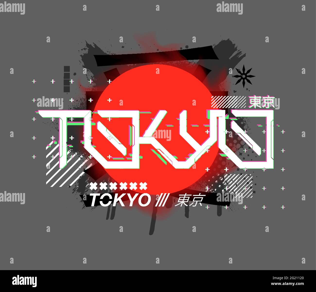 Tokyo artwork for design merch, t-shirt, posters. A traditional symbol for the rising sun of japan with futuristic lettering and modern touches Stock Vector