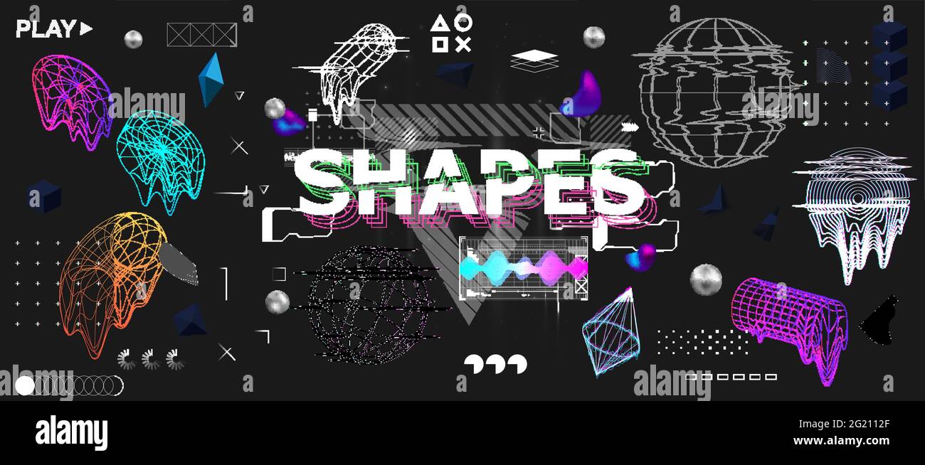 3D shapes and trendy universal elements with glitch, bag and liquid effects. Retrofuturism shapes collection in memphis and vaporwave style. Glitch Stock Vector