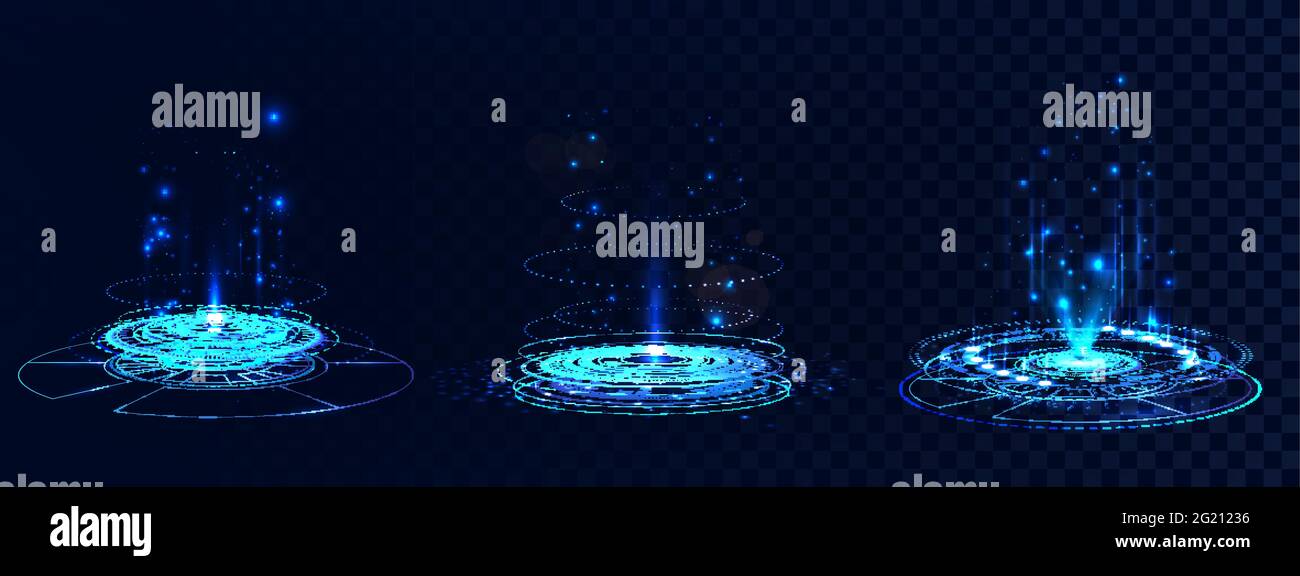 HUD holograms - portal for GUI, UI, APP design. Sky-fi vector set digital technology. Circle magic teleport podium. Hi-tech hologram with light and Stock Vector