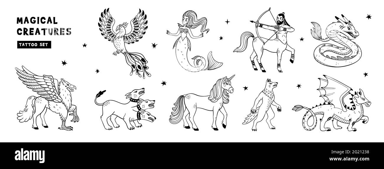 Magical creatures set. Mythological animals. Doodle style black and white vector illustration isolated on white background. Tattoo design or coloring Stock Vector