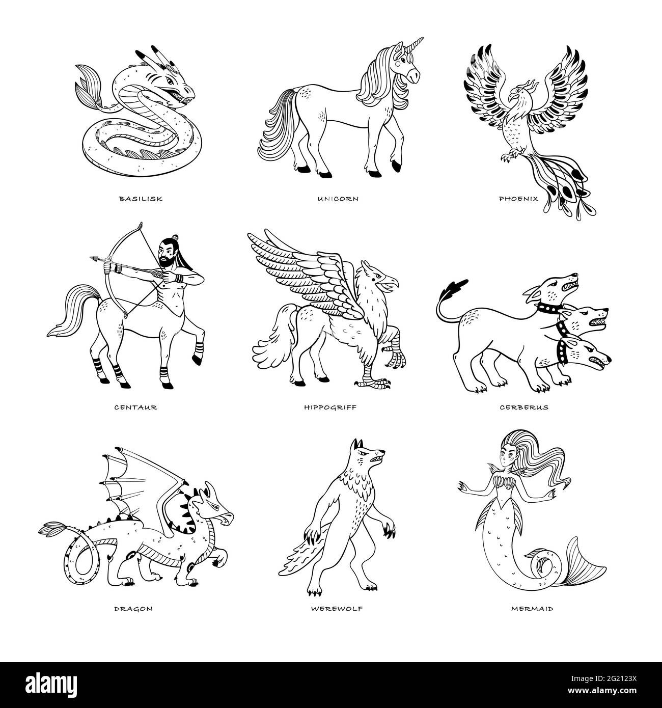 Magical creatures set. Mythological animals. Doodle style black and white vector illustration isolated on white background. Tattoo design or coloring Stock Vector