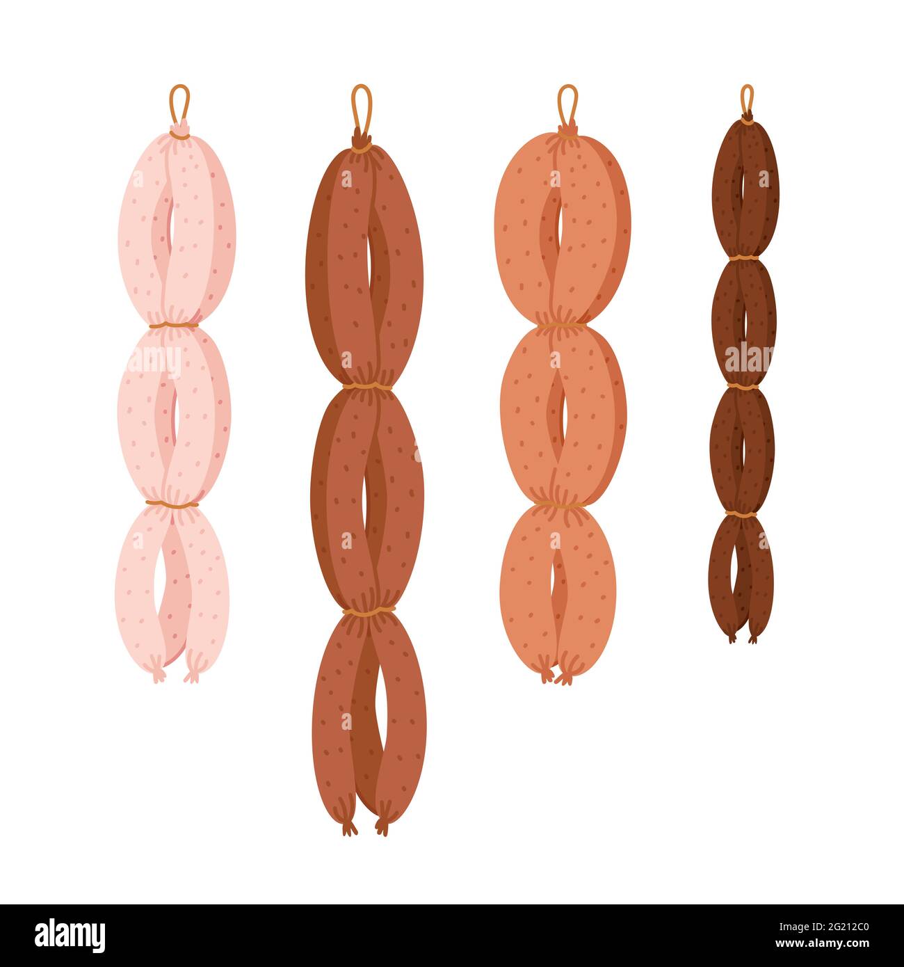 Stringed Meat Sausage string. Meat delicatessen on white background. Different types ...