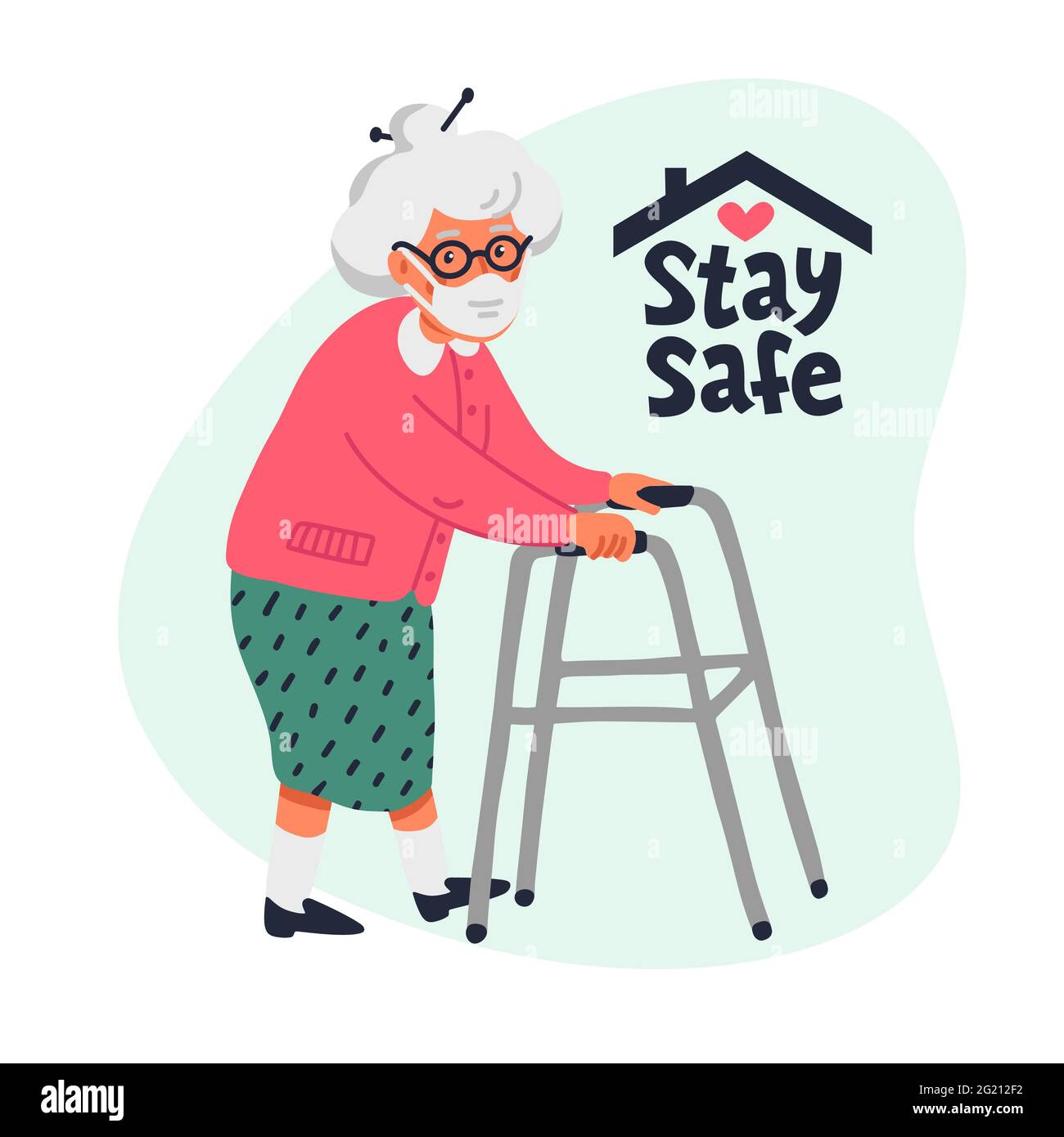 Senior patient protection, stay safe concept. Social poster with An elderly woman in a face mask. Simple flat vector vertical illustration Stock Vector