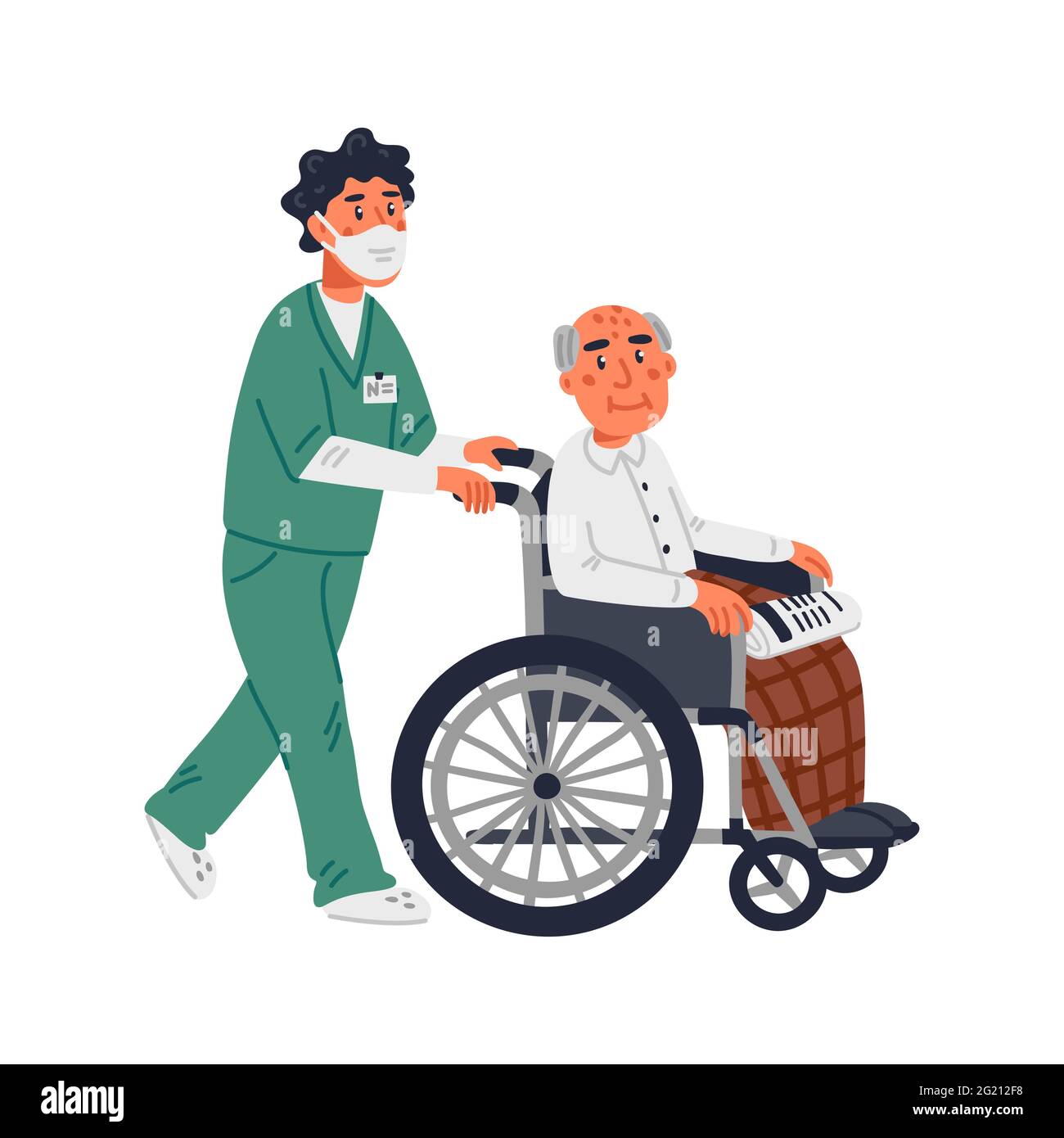 Senior patient. An elderly man in a wheelchair and male nurse in a face mask on a white background. Senior people protection, stay safe concept. Simpl Stock Vector