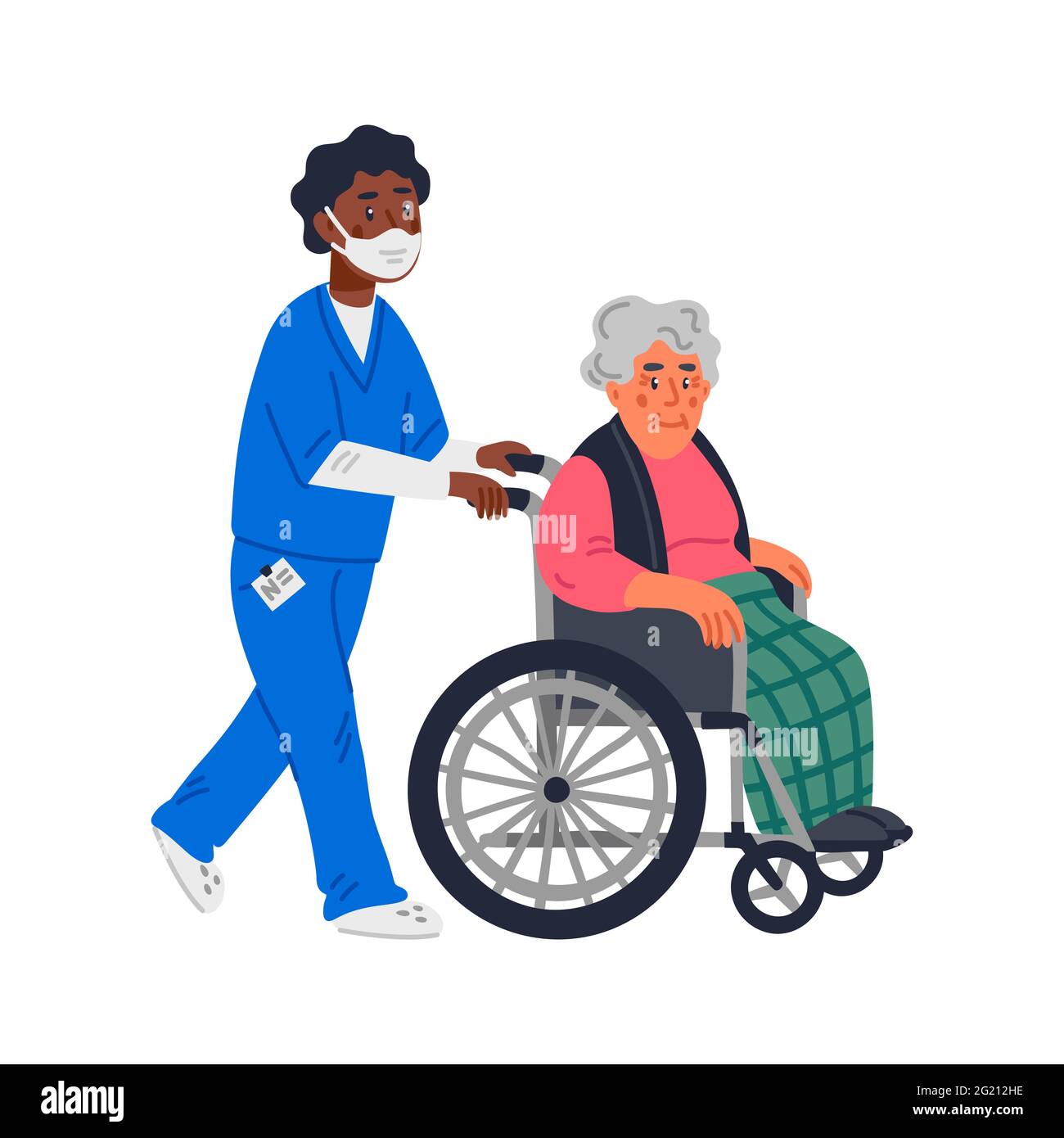 Senior patient. An elderly woman in a wheelchair and male nurse in a face mask on a white background. Senior people protection, stay safe concept. Sim Stock Vector