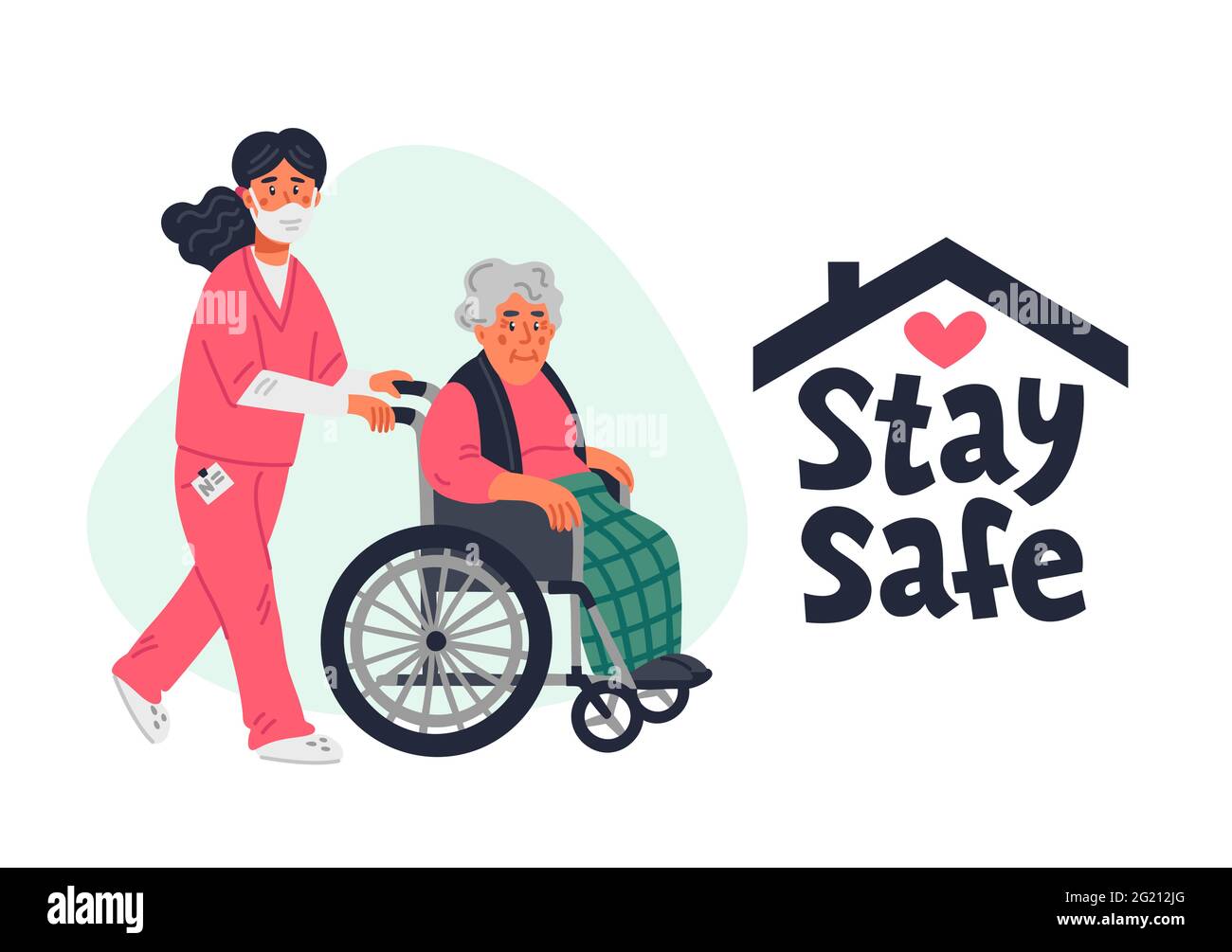 Senior patient protection, stay safe concept. An elderly woman in a wheelchair and nurse in a face mask on a white background. Simple flat vector hori Stock Vector