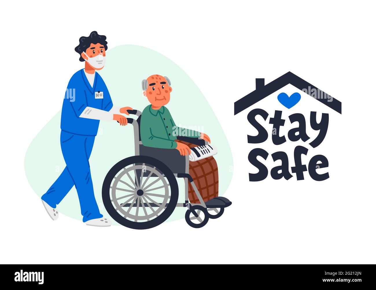Senior patient protection, stay safe concept. An elderly man in a wheelchair and male nurse in a face mask on a white background. Simple flat vector h Stock Vector