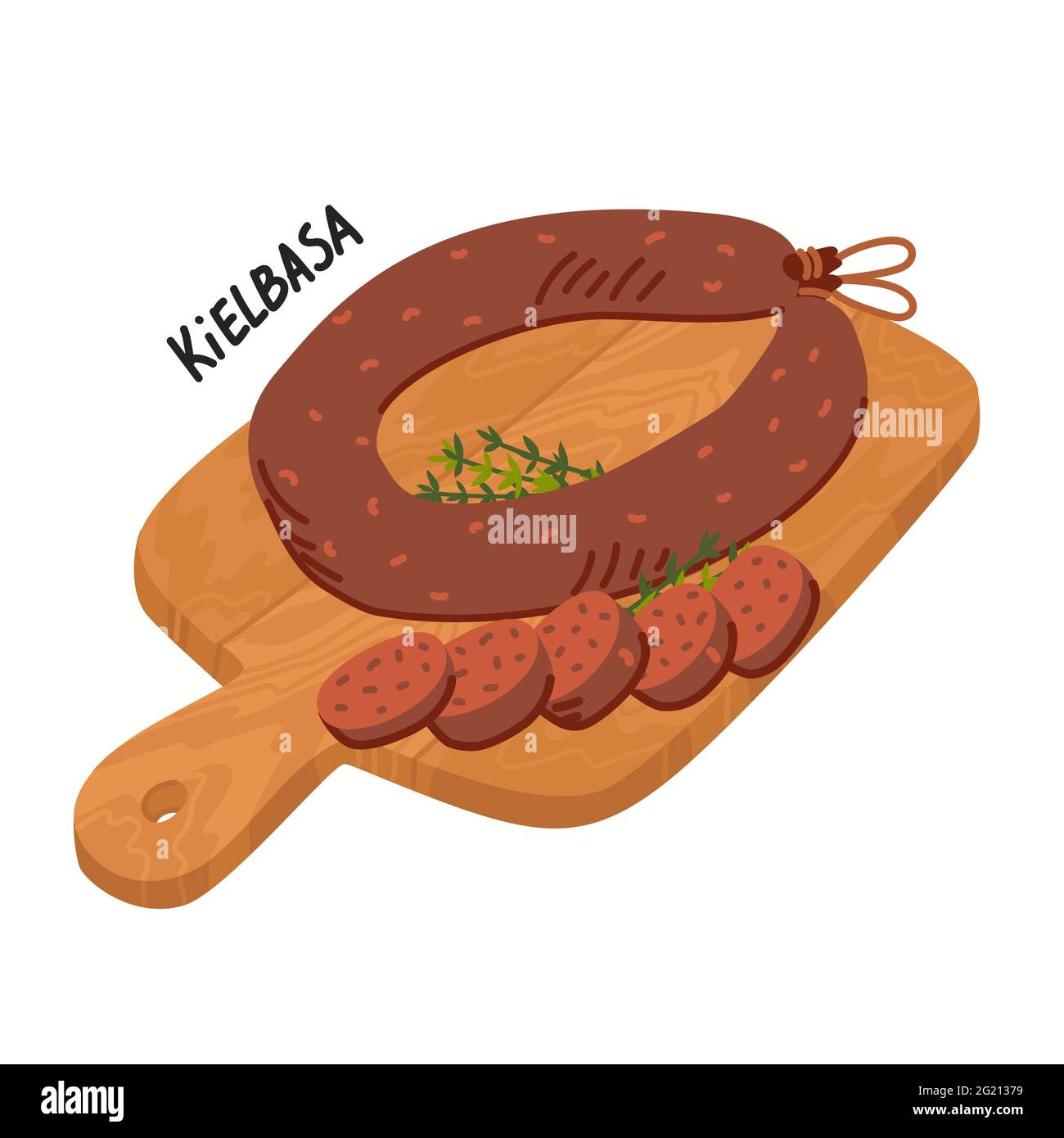 Kielbasa sausage. Meat delicatessen on white background. Slices of typical polish U-shaped smoked sausage on a wooden cutting board.. Simple flat Stock Vector