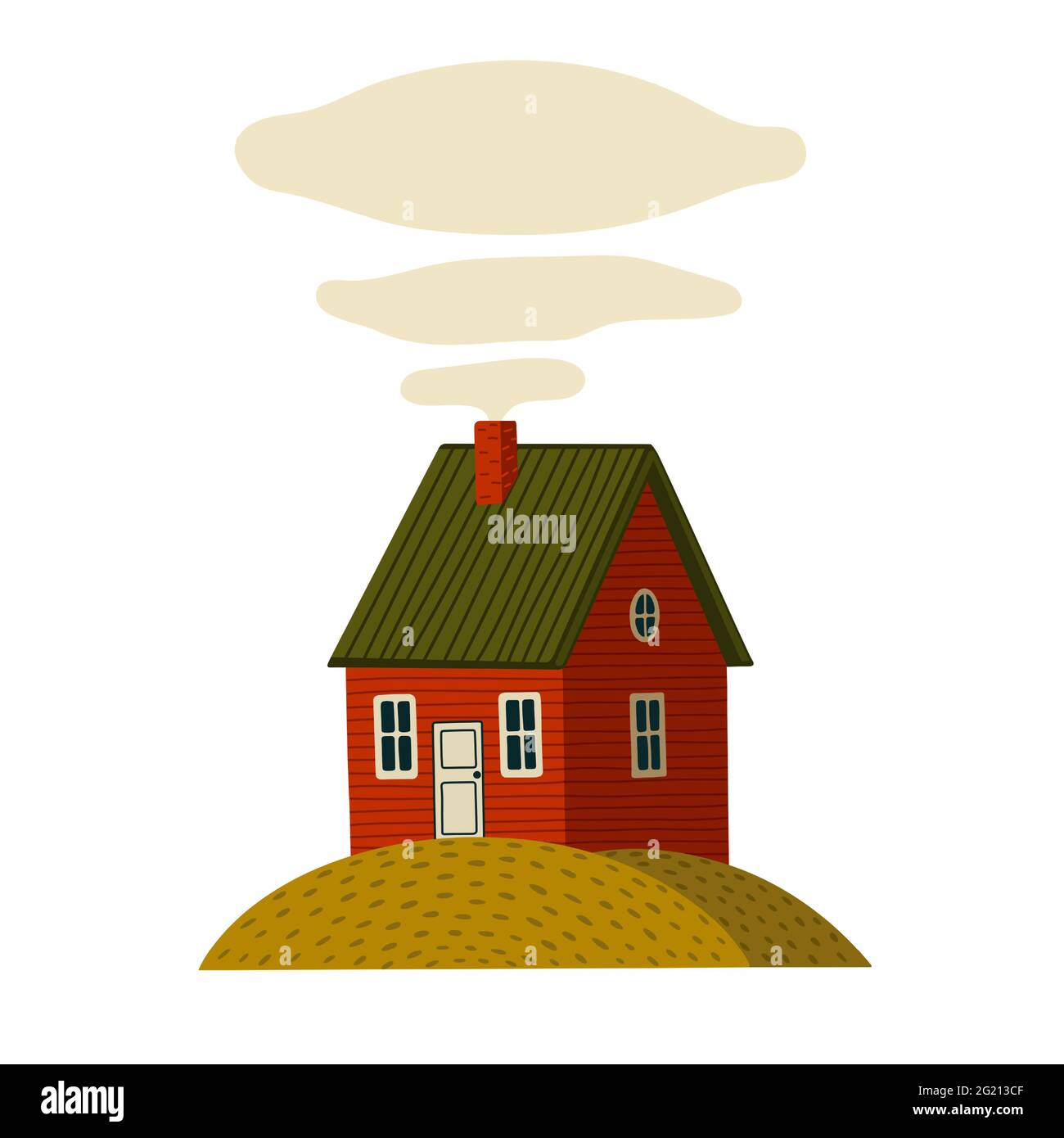 Red house. Wooden Barn house in rustic style on green island. Vector illustration in flat cartoon style on white background Stock Vector