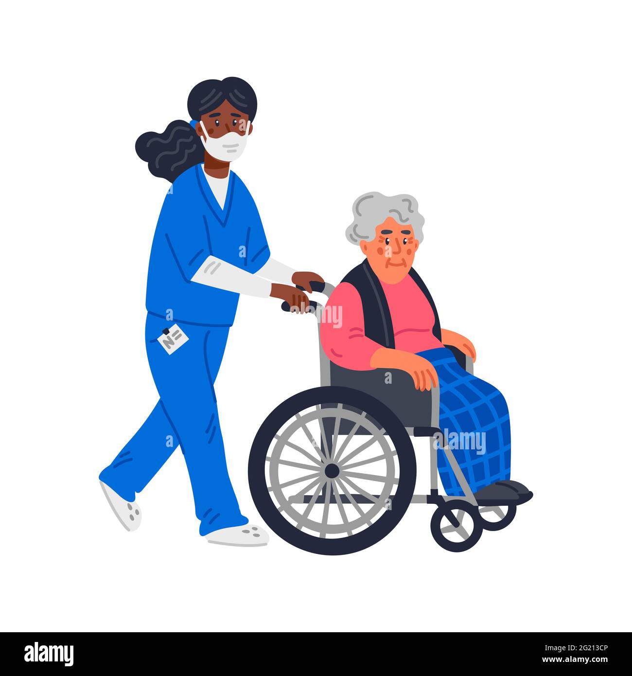 Senior patient. An elderly woman in a wheelchair and African American nurse in a face mask on a white background. Senior people protection, stay safe Stock Vector